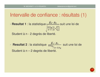Intervalle de confiance : résultats (1)
• Resultat 1 : la statistique
	ࢼ૙
෢ି	ࢼ૙
ࡿ࡯ࡱࡾ
࢔ష૛
	
૚
࢔
ା
ࢄഥ૛
ࡿࢄ
	suit une loi de
Student à n - 2 degrés de liberté.
• Resultat 2 : la statistique
ࢼ૚
෢ି	ࢼ૚
ࡿ࡯ࡱࡾ
࢔ష૛ ࡿࢄ
ൗ
suit une loi de
Student à n – 2 degrés de liberté.
M. MICHRAFY & B. KOUAKOU datascience.km@gmail.com
 