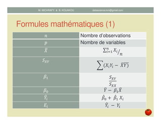 Formules mathématiques (1)
݊ Nombre d’observations
‫݌‬ Nombre de variables
ܺത ∑ ܺ௜
௡
௜ୀଵ
݊ൗ
ܵ௑௒
෍ሺܺ௜ܻ௜ െ	ܺതܻሻ
ߚଵ ܵ௑௒
ܵ௑௑
ߚ଴ ܻത െ	ߚଵܺത
ܻ෠௜ ߚመ଴ ൅	ߚመଵ	ܺ௜
‫ܧ‬௜ ܻ෠௜ 	െ	ܻ௜
M. MICHRAFY & B. KOUAKOU datascience.km@gmail.com
 