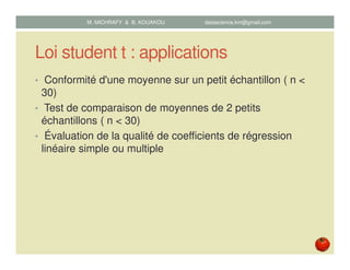 Loi student t : applications
• Conformité d'une moyenne sur un petit échantillon ( n <
30)
• Test de comparaison de moyennes de 2 petits
échantillons ( n < 30)
• Évaluation de la qualité de coefficients de régression
linéaire simple ou multiple
M. MICHRAFY & B. KOUAKOU datascience.km@gmail.com
 