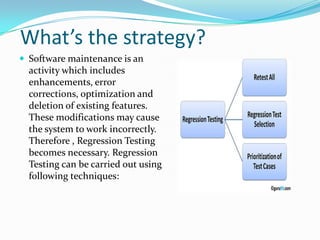 What’s the strategy?
 Software maintenance is an
activity which includes
enhancements, error
corrections, optimization and
deletion of existing features.
These modifications may cause
the system to work incorrectly.
Therefore , Regression Testing
becomes necessary. Regression
Testing can be carried out using
following techniques:
 