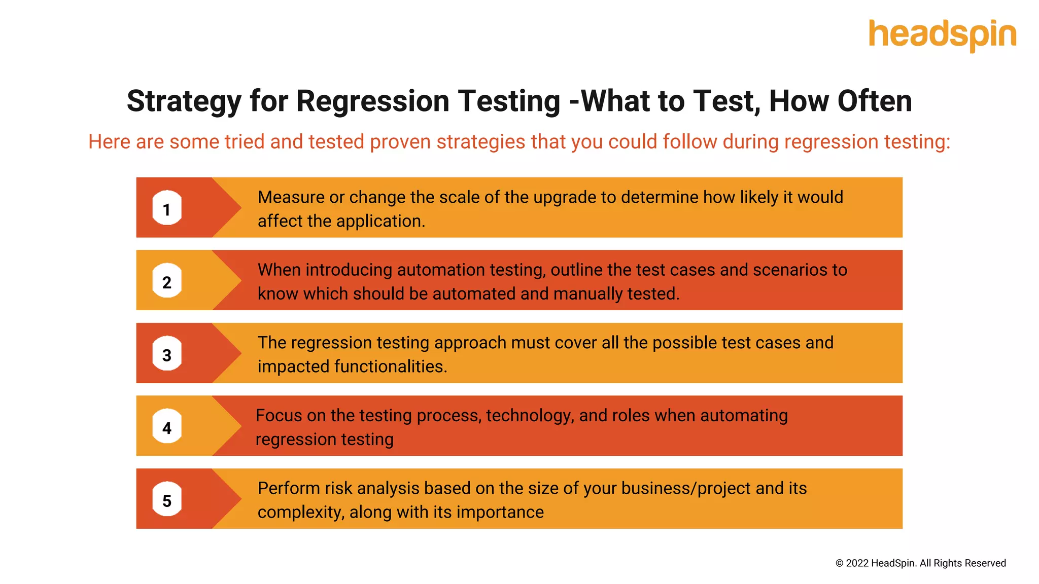 1
Strategy for Regression Testing -What to Test, How Often
Here are some tried and tested proven strategies that you could follow during regression testing:
2
3
4
5
Measure or change the scale of the upgrade to determine how likely it would
affect the application.
When introducing automation testing, outline the test cases and scenarios to
know which should be automated and manually tested.
The regression testing approach must cover all the possible test cases and
impacted functionalities.
Focus on the testing process, technology, and roles when automating
regression testing
Perform risk analysis based on the size of your business/project and its
complexity, along with its importance
© 2022 HeadSpin. All Rights Reserved
 