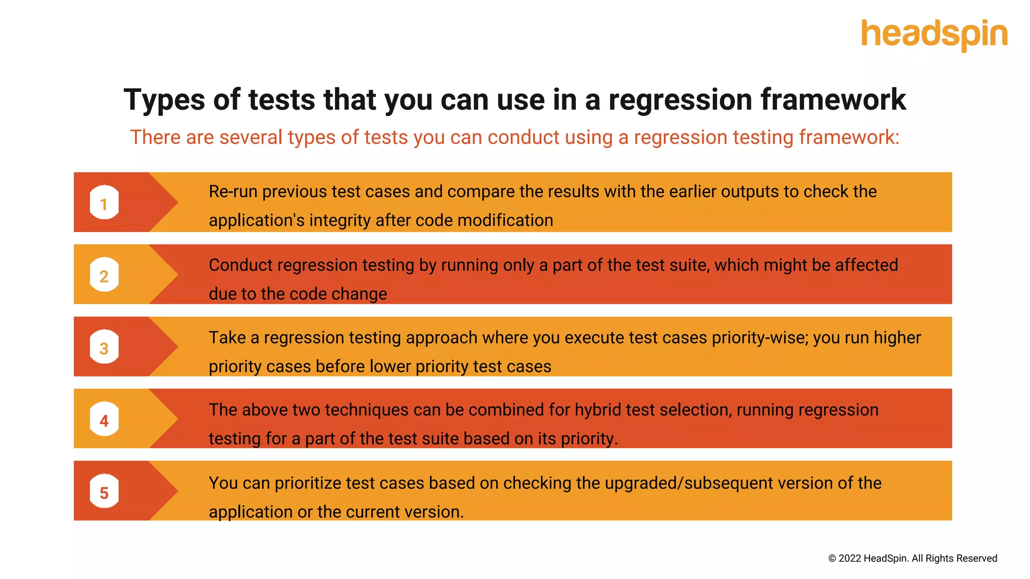 1
Types of tests that you can use in a regression framework
There are several types of tests you can conduct using a regression testing framework:
2
3
4
5
Re-run previous test cases and compare the results with the earlier outputs to check the
application's integrity after code modification
Conduct regression testing by running only a part of the test suite, which might be affected
due to the code change
Take a regression testing approach where you execute test cases priority-wise; you run higher
priority cases before lower priority test cases
The above two techniques can be combined for hybrid test selection, running regression
testing for a part of the test suite based on its priority.
You can prioritize test cases based on checking the upgraded/subsequent version of the
application or the current version.
© 2022 HeadSpin. All Rights Reserved
 