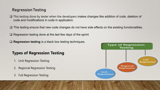 Regression Testing
 This testing done by tester when the developers makes changes like addition of code ,deletion of
code and modifications in code in application.
 This testing ensure that new code changes do not have side effects on the existing functionalities.
 Regression testing done at the last few days of the sprint
 Regression testing is a black box testing techniques.
Types of Regression Testing
1. Unit Regression Testing
2. Regional Regression Testing
3. Full Regression Testing
 