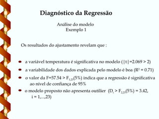 Diagnóstico da Regressão
Análise do modelo
Exemplo 1
Os resultados do ajustamento revelam que :
a variável temperatura é significativa no modelo (|t|=2.069 > 2)
a variabilidade dos dados explicada pelo modelo é boa (R2
= 0.71)
o valor da F=57.54 > F1,23(5%) indica que a regressão é significativa
ao nível de confiança de 95%
o modelo proposto não apresenta outilier (Di > F2,23(5%) = 3.42,
i = 1,...,23)
 