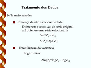 Tratamento dos Dados
b) Transformações
Diferenças sucessivas da série original
até obter-se uma série estacionária
Zt=Zt – Zt-1
2
Zt= [ Zt]
Presença de não estacionariedade
Logarítmica
Estabilização da variância
logZt=logZt – logZt-1
 