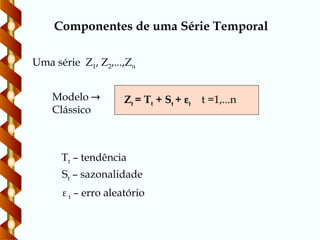 Componentes de uma Série Temporal
Zt = Tt + St + t t =1,...n
Modelo 
Clássico
Uma série Z1, Z2,...,Zn
Tt – tendência
t – erro aleatório
St – sazonalidade
 