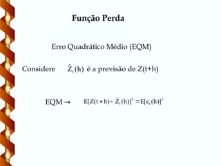 Função Perda
Erro Quadrático Médio (EQM)
)
h
(
Ẑt é a previsão de Z(t+h)
EQM 
2
t
2
t )]
h
(
e
[
E
)]
h
(
Ẑ
)
h
t
(
Z
[
E 


Considere
 