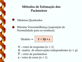 Métodos de Estimação dos
Parâmetros
Mínimos Quadrados
Máxima Verossimilhança (suposição de
Normalidade para os resíduos)
Y = X + 
Y – vetor de respostas (n  1)
X - matriz de observações independentes (n  p)
 - vetor de parâmetros
 - vetor de erros (n  1)
Modelo 
 