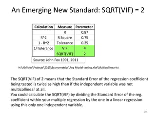 An Emerging New Standard: SQRT(VIF) = 2
20
Calculation Measure Parameter
R 0.87
R^2 R Square 0.75
1 - R^2 Tolerance 0.25
1/Tolerance VIF 4
SQRT(VIF) 2
H:AbilitiesProjects2015EconometricsReg Model testing.xlsxMulticollinearity
Source: John Fox 1991, 2011
The SQRT(VIF) of 2 means that the Standard Error of the regression coefficient
being tested is twice as high than if the independent variable was not
multicollinear at all.
You could calculate the SQRT(VIF) by dividing the Standard Error of the reg.
coefficient within your multiple regression by the one in a linear regression
using this only one independent variable.
 