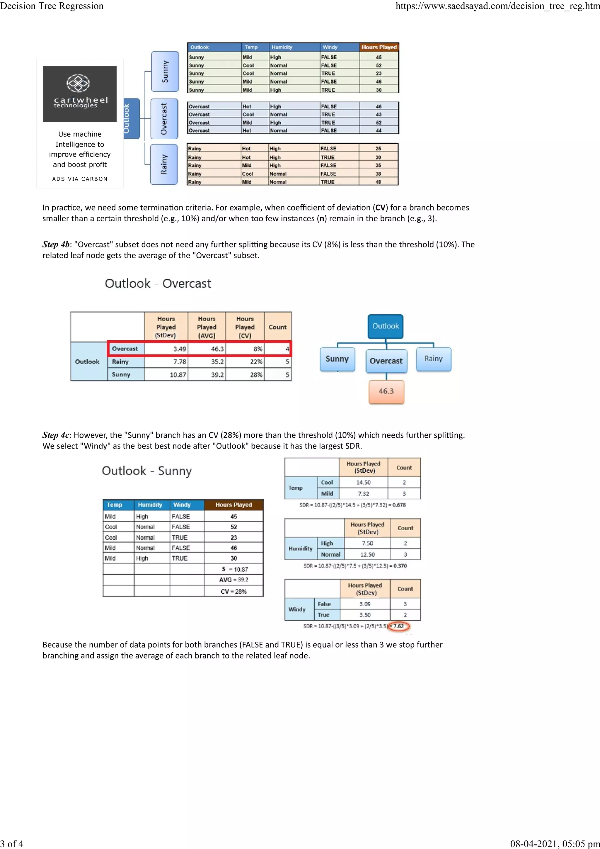 In prac ce, we need some termina on criteria. For example, when coeﬃcient of devia on (CV) for a branch becomes
smaller than a certain threshold (e.g., 10%) and/or when too few instances (n) remain in the branch (e.g., 3).
Step 4b: "Overcast" subset does not need any further spli ng because its CV (8%) is less than the threshold (10%). The
related leaf node gets the average of the "Overcast" subset.
Step 4c: However, the "Sunny" branch has an CV (28%) more than the threshold (10%) which needs further spli ng.
We select "Windy" as the best best node a er "Outlook" because it has the largest SDR.
Because the number of data points for both branches (FALSE and TRUE) is equal or less than 3 we stop further
branching and assign the average of each branch to the related leaf node.
Use machine
Intelligence to
improve efficiency
and boost profit
AD S V IA C A RB ON
Decision Tree Regression https://www.saedsayad.com/decision_tree_reg.htm
3 of 4 08-04-2021, 05:05 pm
 