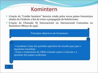 Komintern Criação do “Cordão Sanitário” barreira criada pelos novos países fronteiriços aliados do Ocidente a fim de evitar a propagação do bolchevismo. Criação da Chamada III Internacional ou Internacional Comunista ou Komintern (Março de 1919). Principais objectivos do Komintern - Coordenar a luta dos partidos operários do mundo para que o marxismo triunfasse Evitar o isolamento da URSS evitando assim os boicote e a oposição dos países ocidentais 