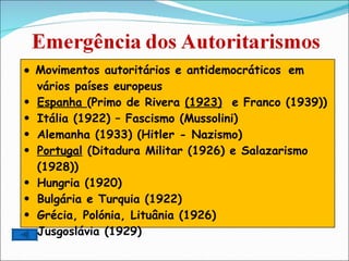    Movimentos autoritários e antidemocráticos  em vários países europeus Espanha  (Primo de Rivera  (1923)   e Franco (1939)) Itália (1922) – Fascismo (Mussolini) Alemanha (1933) (Hitler - Nazismo) Portugal  (Ditadura Militar (1926) e Salazarismo (1928)) Hungria (1920) Bulgária e Turquia (1922) Grécia, Polónia, Lituânia (1926) Jusgoslávia (1929) 