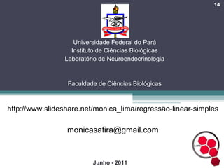 Junho - 2011 Universidade Federal do Pará Instituto de Ciências Biológicas Laboratório de Neuroendocrinologia Faculdade de Ciências Biológicas http://www.slideshare.net/monica_lima/regressão-linear-simples  [email_address] 