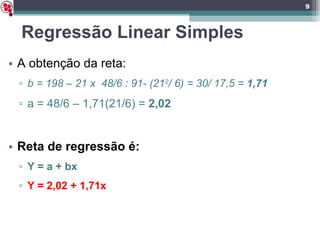 Regressão Linear Simples A obtenção da reta: b = 198 – 21 x  48/6 : 91- (21 2 / 6) = 30/ 17,5 =  1,71 a = 48/6 – 1,71(21/6) =  2,02 Reta de regressão é:  Y = a + bx Y = 2,02 + 1,71x 