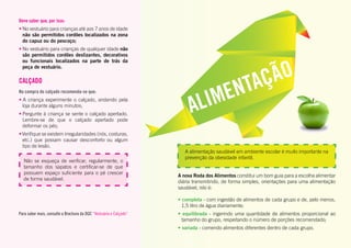Deve saber que, por isso:
•	No vestuário para crianças até aos 7 anos de idade
não são permitidos cordões localizados na zona
do capuz ou do pescoço;
•	No vestuário para crianças de qualquer idade não
são permitidos cordões deslizantes, decorativos
ou funcionais localizados na parte de trás da
peça de vestuário.
CALÇADO
Na compra do calçado recomenda-se que:
• A criança experimente o calçado, andando pela
loja durante alguns minutos;
• Pergunte à criança se sente o calçado apertado.
Lembre-se de que o calçado apertado pode
deformar os pés;
•Verifique se existem irregularidades (nós, costuras,
etc.) que possam causar desconforto ou algum
tipo de lesão.
Para saber mais, consulte a Brochura da DGC “Vestuário e Calçado”
A alimentação saudável em ambiente escolar é muito importante na
prevenção da obesidade infantil.
A nova Roda dos Alimentos constitui um bom guia para a escolha alimentar
diária transmitindo, de forma simples, orientações para uma alimentação
saudável, isto é:
• completa - com ingestão de alimentos de cada grupo e de, pelo menos,
1,5 litro de água diariamente;
• equilibrada - ingerindo uma quantidade de alimentos proporcional ao
tamanho do grupo, respeitando o número de porções recomendado;
• variada - comendo alimentos diferentes dentro de cada grupo.
Não se esqueça de verificar, regularmente, o
tamanho dos sapatos e certificar-se de que
possuem espaço suficiente para o pé crescer
de forma saudável.
ALIMENTAÇÃO
 