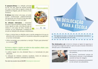 O pequeno-almoço é a refeição principal
do dia. Por isso, deve ser sempre tomado
em casa e incluir leite ou iogurte, cereais de
preferência integrais, pão de mistura e fruta
da época.
O almoço deve incluir uma sopa, um prato
quente (confecionado preferencialmente
sem gorduras nem frituras) e fruta para além
do copo de água ou sumo sem gás.
As refeições intercalares – merendas/
lanches a meio da manhã e da tarde - devem
incluir iogurte ou leite, uma fatia de pão de
mistura e uma peça de fruta. Envolva as
crianças na sua preparação e assegure-se
de que as refeições são variadas e equilibradas.
•	Caso a criança leve as refeições para a escola assegure-se de que os
alimentos são acondicionados em recipientes adequados que garantam
a sua boa conservação;
•	Utilize recipientes que contenham a menção “Próprio para alimentos”
ou o símbolo:
De forma a adquirir e manter um estilo de vida saudável, aliado a uma
alimentação salutar, a DGC recomenda:
•	a prática regular de uma atividade física e a manutenção de peso
adequado;
•	a utilização de métodos culinários saudáveis, tendo em atenção a
quantidade, qualidade e variedade de alimentos.
Para saber mais consulte o Guia da DGC/APN “Alimentação em idade escolar”
• caminharem sempre do lado de dentro
dos passeios;
•	nas bermas, caminharem sempre de
frente para os veículos, o mais afastadas
possível da faixa de rodagem;
•	respeitaremasinalizaçãoeatravessarem
as vias sempre nas passadeiras.
Nas deslocações a pé, ensine às crianças as regras de segurança e
acompanhe-as algumas vezes no percurso para a escola chamando a
atenção para a necessidade de:
No regresso às aulas, a redução da sinistralidade rodoviária é
uma das prioridades a ter em conta.
 
