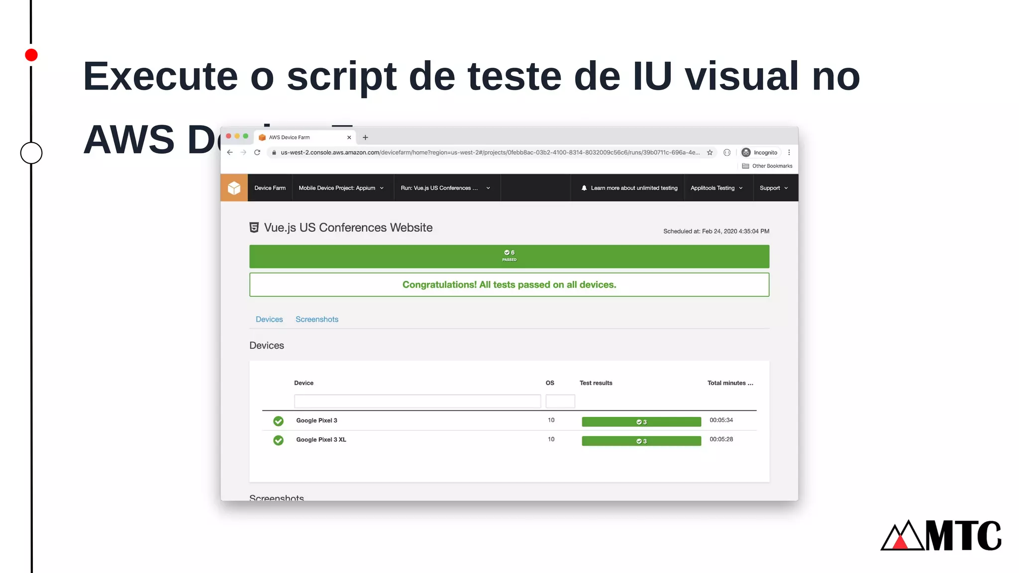 Execute o script de teste de IU visual no
AWS Device Farm
 