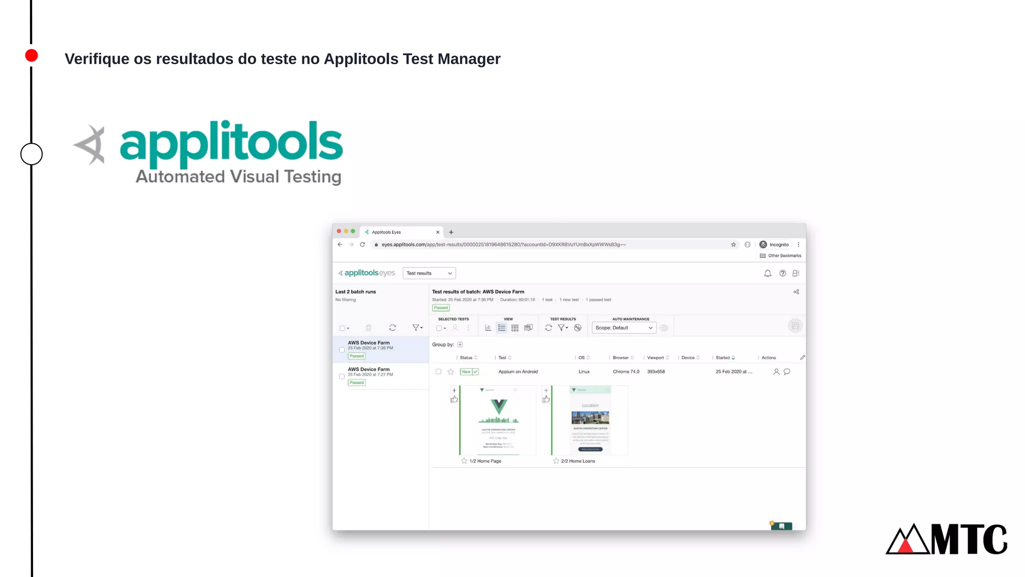 Verifique os resultados do teste no Applitools Test Manager
 