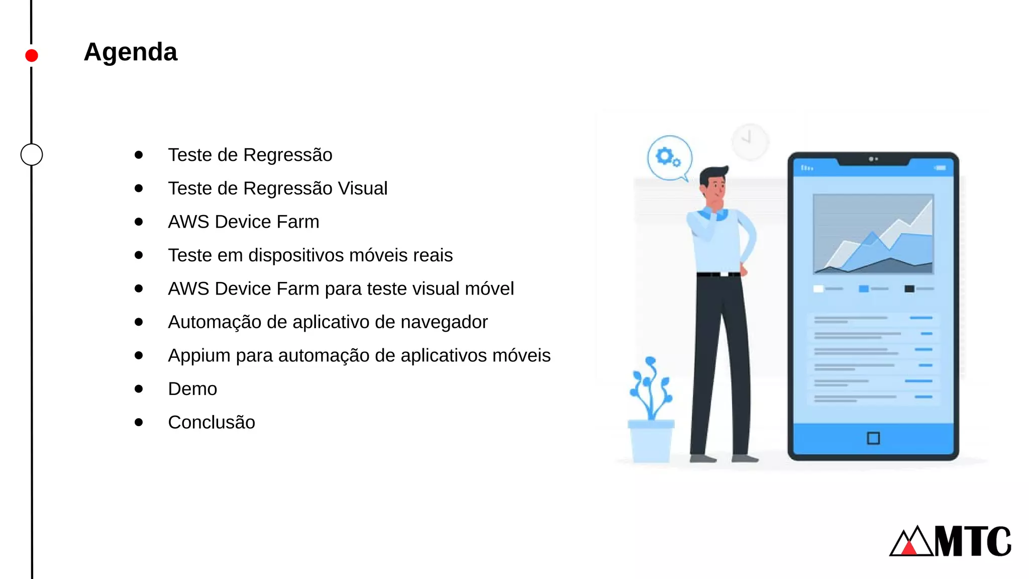 Agenda
● Teste de Regressão
● Teste de Regressão Visual
● AWS Device Farm
● Teste em dispositivos móveis reais
● AWS Device Farm para teste visual móvel
● Automação de aplicativo de navegador
● Appium para automação de aplicativos móveis
● Demo
● Conclusão
 