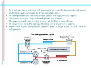 • To conclude, the principle of refrigeration is very specific because the refrigerant
undergoes a cycle which can be divided into four parts:
• The compressor turns the low pressure vapour into high pressure vapour.
• The condenser turns the gaseous refrigerant into a liquid.
• The expansion valve reduces the pressure of the high pressure liquid.
• The evaporator turns the gas-liquid mixture into a low pressure vapour.
• Mechanical vapor compression systems take a large place in the field of
refrigeration.
 