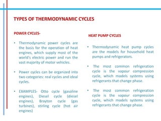 TYPES OF THERMODYNAMIC CYCLES
POWER CYCLES-
• Thermodynamic power cycles are
the basis for the operation of heat
engines, which supply most of the
world's electric power and run the
vast majority of motor vehicles.
• Power cycles can be organized into
two categories: real cycles and ideal
cycles.
• EXAMPLES- Otto cycle (gasoline
engines), Diesel cycle (diesel
engines), Brayton cycle (gas
turbines), stirling cycle (hot air
engines)
HEAT PUMP CYCLES
• Thermodynamic heat pump cycles
are the models for household heat
pumps and refrigerators.
• The most common refrigeration
cycle is the vapour compression
cycle, which models systems using
refrigerants that change phase.
• The most common refrigeration
cycle is the vapour compression
cycle, which models systems using
refrigerants that change phase.
 
