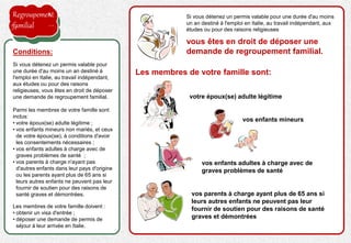 Si vous détenez un permis valable pour
une durée d'au moins un an destiné à
l'emploi en Italie, au travail indépendant,
aux études ou pour des raisons
religieuses, vous êtes en droit de déposer
une demande de regroupement familial.
Parmi les membres de votre famille sont
inclus:
• votre époux(se) adulte légitime ;
• vos enfants mineurs non mariés, et ceux
de votre époux(se), à conditions d'avoir
les consentements nécessaires ;
• vos enfants adultes à charge avec de
graves problèmes de santé ;
• vos parents à charge n'ayant pas
d'autres enfants dans leur pays d'origine
ou les parents ayant plus de 65 ans si
leurs autres enfants ne peuvent pas leur
fournir de soutien pour des raisons de
santé graves et démontrées.
Les membres de votre famille doivent :
• obtenir un visa d'entrée ;
• déposer une demande de permis de
séjour à leur arrivée en Italie.
Conditions:
Regroupement
familial
vous êtes en droit de déposer une
demande de regroupement familial.
Si vous détenez un permis valable pour une durée d'au moins
un an destiné à l'emploi en Italie, au travail indépendant, aux
études ou pour des raisons religieuses
Les membres de votre famille sont:
votre époux(se) adulte légitime
vos enfants mineurs
vos enfants adultes à charge avec de
graves problèmes de santé
vos parents à charge ayant plus de 65 ans si
leurs autres enfants ne peuvent pas leur
fournir de soutien pour des raisons de santé
graves et démontrées
 