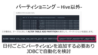 パーティショニング – Hive以外-
日付ごとにパーティションを追加する必要あり
JDBCで自動化を検討
 