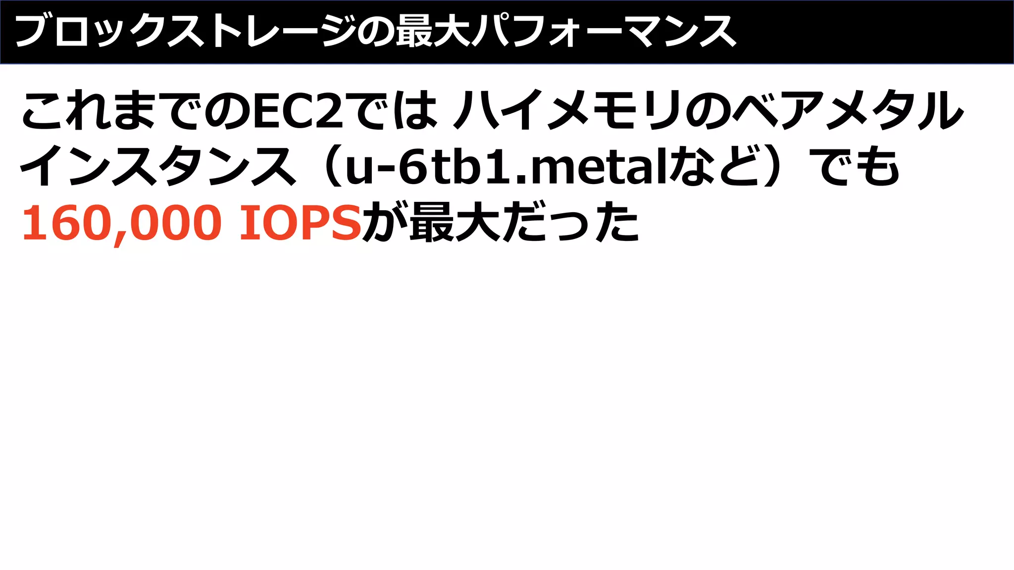 ブロックストレージの最⼤パフォーマンス
これまでのEC2では ハイメモリのベアメタル
インスタンス（u-6tb1.metalなど）でも
160,000 IOPSが最⼤だった
 
