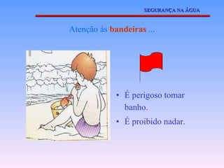 Atenção ás  bandeiras  ... É perigoso tomar banho. É proibido nadar. SEGURANÇA NA ÁGUA 