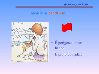 Atenção ás  bandeiras  ... É perigoso tomar banho. É proibido nadar. SEGURANÇA NA ÁGUA 