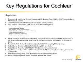 Key Regulations for Cochlear
Regulations
1. Therapeutic Goods (Medical Devices) Regulations 2002 (Statutory Rules 2002 No. 236), Therapeutic Goods
Administration, Australia
2. Uniform Recall Procedure for Therapeutic Goods 2004 edition (Australia)
3. Food and Drug Administration, USA Title 21, Code of Federal Regulations
Part 820: Quality System Regulation.
Part 11 Electronic Records, Electronic Signatures
Part 806 Medical Devices, Reports of Corrections and Removals
Part 803 Medical Device Reporting
Part 812 Investigational Device Exemptions
Part 814 Premarket Approval of Medical Devices
4. MHLW (Ministry of Health, Labour, and Welfare, Japan) Ordinance no. 169 (revised GMP, Japan) based on
PAL (Pharmaceutical Affairs Law, Japan) [Law No. 145, as of August 10, 1960; Law No. 87 as of July 26,
2005]
5. Active Implantable Medical Device Directive (AIMD) 90/385/EEC (including 2007 rev), Europe
6. Medical Device Directive (MDD) 93/42/EEC (including 2007 rev), Europe
7. Medical Device Regulations (SOR/98-282) 1998, Department of Justice, Canada
8. Regulations for the Supervision and Administration of Medical Devices, State Food and Drug Administration
(SFDA), China
9. Medical Devices Regulation, KFDA. Korea Food and Drug Administration, Korea
10. Medical Devices Regulation, Taiwan Department of Health DoH, Taiwan
 