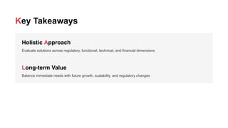 Key Takeaways
Holistic Approach
Evaluate solutions across regulatory, functional, technical, and financial dimensions
Long-term Value
Balance immediate needs with future growth, scalability, and regulatory changes
 