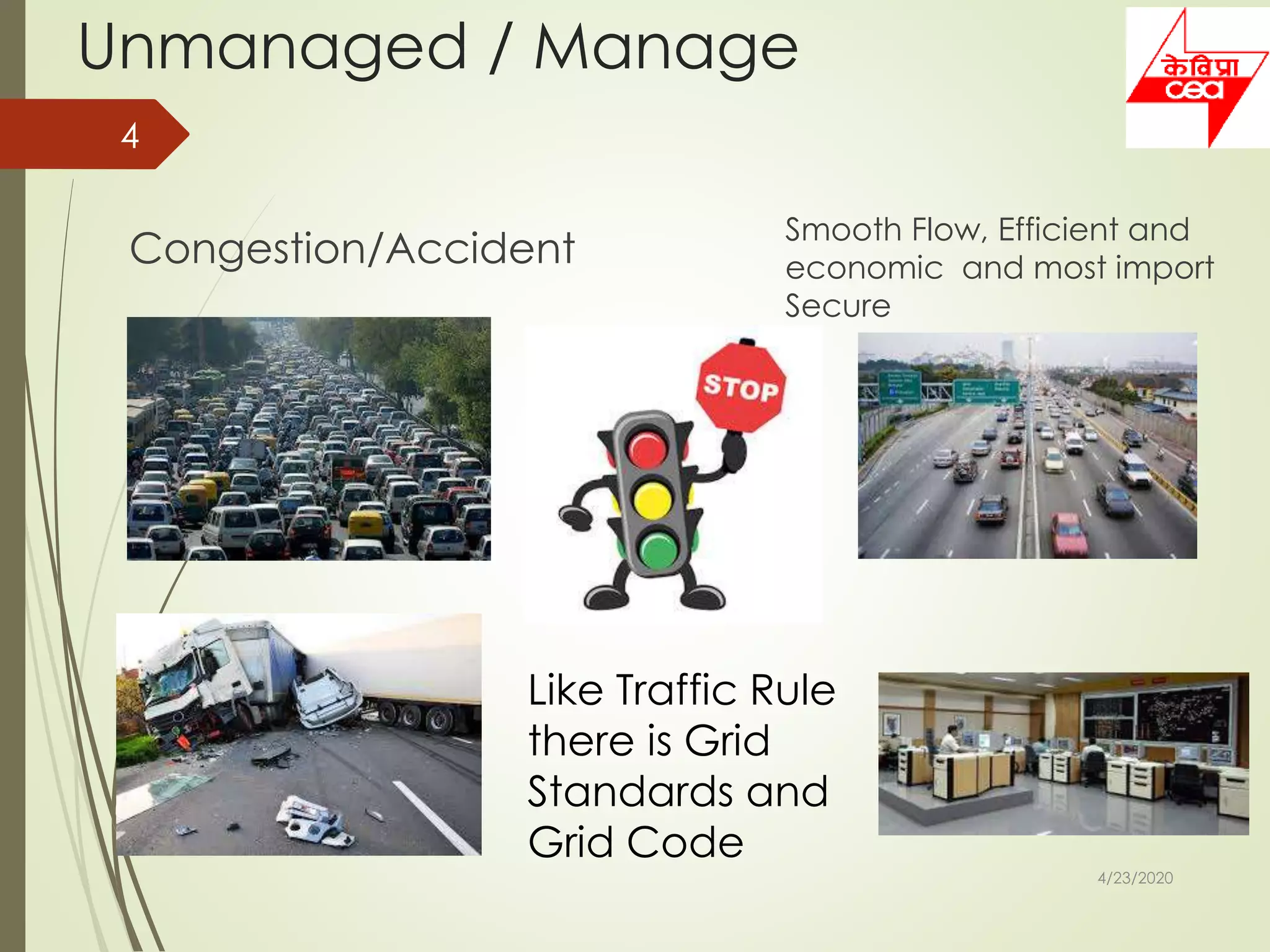 Unmanaged / Manage
Congestion/Accident
Smooth Flow, Efficient and
economic and most import
Secure
4/23/2020
4
Like Traffic Rule
there is Grid
Standards and
Grid Code
 