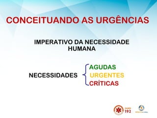IMPERATIVO DA NECESSIDADE
HUMANA
AGUDAS
NECESSIDADES URGENTES
CRÍTICAS
CONCEITUANDO AS URGÊNCIAS
 