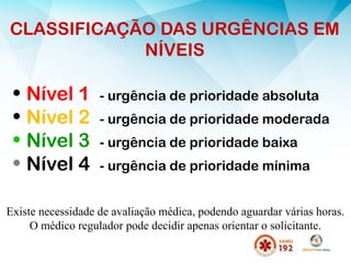 CLASSIFICAÇÃO DAS URGÊNCIAS EM
NÍVEIS
• Nível 1 - urgência de prioridade absoluta
• Nível 2 - urgência de prioridade moderada
• Nível 3 - urgência de prioridade baixa
• Nível 4 - urgência de prioridade mínima
Existe necessidade de avaliação médica, podendo aguardar várias horas.
O médico regulador pode decidir apenas orientar o solicitante.
 