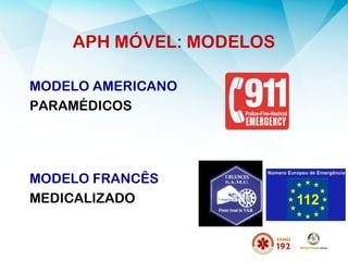 APH MÓVEL: MODELOS
MODELO AMERICANO
PARAMÉDICOS
MODELO FRANCÊS
MEDICALIZADO
 