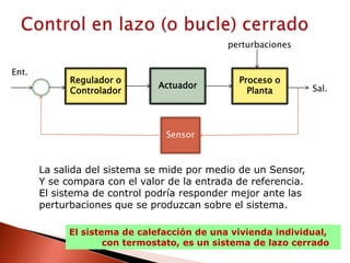 Control en lazo (o bucle) cerradoperturbacionesEnt.Regulador o ControladorActuadorProceso o PlantaSal.SensorLa salida del sistema se mide por medio de un Sensor, Y se compara con el valor de la entrada de referencia.El sistema de control podría responder mejor ante lasperturbaciones que se produzcan sobre el sistema.El sistema de calefacción de una vivienda individual,           con termostato, es un sistema de lazo cerrado