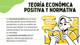 TEORÍA ECONÓMICA
TEORÍA ECONÓMICA
POSITIVA Y NORMATIVA
POSITIVA Y NORMATIVA
La economía positiva busca hacer
una descripción de los fenómenos
económicos, en ella se evalúan las
fuerzas que afectan a la economía e
intenta predecir las consecuencias de
su actividad.
La economía normativa define
algunos criterios que guíen las
decisiones económicas.
 