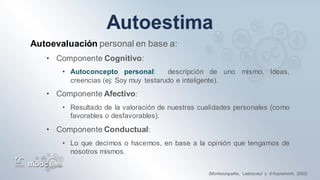 (Monbourquette, Ladouceur y d’Aspremont, 2003)
Autoevaluación personal en base a:
• Componente Cognitivo:
• Autoconcepto personal: descripción de uno mismo. Ideas,
creencias (ej: Soy muy testarudo e inteligente).
• Componente Afectivo:
• Resultado de la valoración de nuestras cualidades personales (como
favorables o desfavorables).
• Componente Conductual:
• Lo que decimos o hacemos, en base a la opinión que tengamos de
nosotros mismos.
 