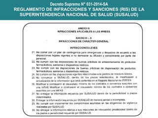 Decreto Supremo N° 031-2014-SA
REGLAMENTO DE INFRACCIONES Y SANCIONES (RIS) DE LA
SUPERINTENDENCIA NACIONAL DE SALUD (SUSA...