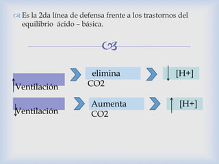 
 Es la 2da línea de defensa frente a los trastornos del
equilibrio ácido – básica.
Ventilación
elimina
CO2
[H+]
Ventilación
Aumenta
CO2
[H+]
 