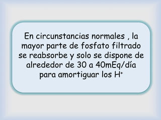 En circunstancias normales , la
mayor parte de fosfato filtrado
se reabsorbe y solo se dispone de
alrededor de 30 a 40mEq/día
para amortiguar los H+
 