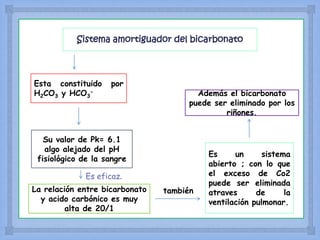 
Sistema amortiguador del bicarbonato
Esta constituido por
H2CO3 y HCO3
-
Su valor de Pk= 6.1
algo alejado del pH
fisiológico de la sangre
La relación entre bicarbonato
y acido carbónico es muy
alta de 20/1
Es eficaz.
también
Es un sistema
abierto ; con lo que
el exceso de Co2
puede ser eliminada
atraves de la
ventilación pulmonar.
Además el bicarbonato
puede ser eliminado por los
riñones.
 