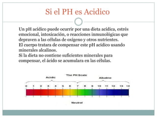 Si el PH es Acidico
Un pH acídico puede ocurrir por una dieta acídica, estrés
emocional, intoxicación, o reacciones inmunológicas que
depraven a las células de oxígeno y otros nutrientes.
El cuerpo tratara de compensar este pH acídico usando
minerales alcalinos.
Si la dieta no contiene suficientes minerales para
compensar, el ácido se acumulara en las células.

 