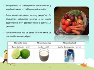 

El organismo no puede permitir variaciones muy
significativas del pH del líquido extracelular.



Estas variaciones deben ser muy pequeñas. En
situaciones patológicas severas, el pH puede
bajar incluso a 6,4 (ácido) o llegar a subir a 7,7
(alcalino).



Variaciones más allá de estas cifras es señal de
que la vida está en peligro.

 