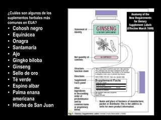 ¿Cuáles son algunos de los
suplementos herbales más
comunes en EUA?
• Cohosh negro
• Equinácea
• Onagra
• Santamaría
• Ajo
• Gingko biloba
• Ginseng
• Sello de oro
• Té verde
• Espino albar
• Palma enana
americana
• Hierba de San Juan
 