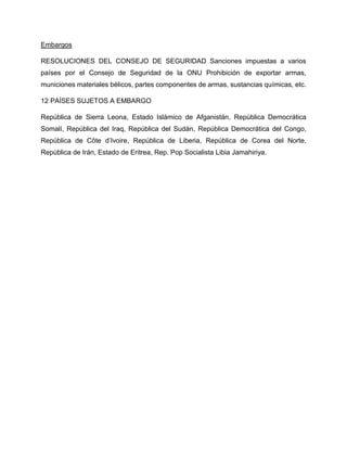 Embargos
RESOLUCIONES DEL CONSEJO DE SEGURIDAD Sanciones impuestas a varios
países por el Consejo de Seguridad de la ONU Prohibición de exportar armas,
municiones materiales bélicos, partes componentes de armas, sustancias químicas, etc.
12 PAÍSES SUJETOS A EMBARGO
República de Sierra Leona, Estado Islámico de Afganistán, República Democrática
Somalí, República del Iraq, República del Sudán, República Democrática del Congo,
República de Côte d’Ivoire, República de Liberia, República de Corea del Norte,
República de Irán, Estado de Eritrea, Rep. Pop Socialista Libia Jamahiriya.
 