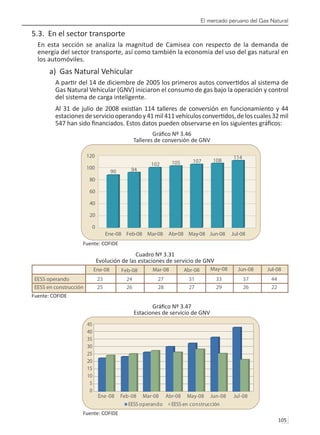 El mercado peruano del Gas Natural
105 
5.3. En el sector transporte
En esta sección se analiza la magnitud de Camisea con respecto de la demanda de
energía del sector transporte, así como también la economía del uso del gas natural en
los automóviles.
a) Gas Natural Vehicular
A partir del 14 de diciembre de 2005 los primeros autos convertidos al sistema de
Gas Natural Vehicular (GNV) iniciaron el consumo de gas bajo la operación y control
del sistema de carga inteligente.
Al 31 de julio de 2008 existían 114 talleres de conversión en funcionamiento y 44
estacionesdeserviciooperandoy41mil411vehículosconvertidos,deloscuales32mil
547 han sido financiados. Estos datos pueden observarse en los siguientes gráficos:
Gráfico Nº 3.46
Talleres de conversión de GNV
Fuente: COFIDE
Cuadro Nº 3.31
Evolución de las estaciones de servicio de GNV
Fuente: COFIDE
Gráfico Nº 3.47
Estaciones de servicio de GNV
Fuente: COFIDE
 