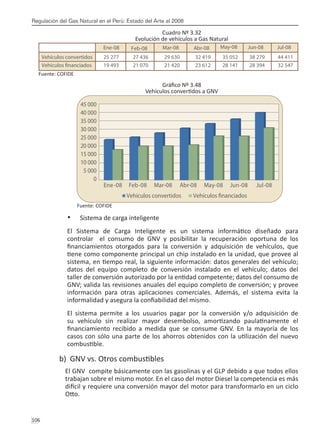 Regulación del Gas Natural en el Perú: Estado del Arte al 2008
106 
Cuadro Nº 3.32
Evolución de vehículos a Gas Natural
Fuente: COFIDE
Gráfico Nº 3.48
Vehículos convertidos a GNV
Fuente: COFIDE
Sistema de carga inteligente
•	
El Sistema de Carga Inteligente es un sistema informático diseñado para
controlar el consumo de GNV y posibilitar la recuperación oportuna de los
financiamientos otorgados para la conversión y adquisición de vehículos, que
tiene como componente principal un chip instalado en la unidad, que provee al
sistema, en tiempo real, la siguiente información: datos generales del vehículo;
datos del equipo completo de conversión instalado en el vehículo; datos del
taller de conversión autorizado por la entidad competente; datos del consumo de
GNV; valida las revisiones anuales del equipo completo de conversión; y provee
información para otras aplicaciones comerciales. Además, el sistema evita la
informalidad y asegura la confiabilidad del mismo.
El sistema permite a los usuarios pagar por la conversión y/o adquisición de
su vehículo sin realizar mayor desembolso, amortizando paulatinamente el
financiamiento recibido a medida que se consume GNV. En la mayoría de los
casos con sólo una parte de los ahorros obtenidos con la utilización del nuevo
combustible.
b) GNV vs. Otros combustibles
El GNV compite básicamente con las gasolinas y el GLP debido a que todos ellos
trabajan sobre el mismo motor. En el caso del motor Diesel la competencia es más
difícil y requiere una conversión mayor del motor para transformarlo en un ciclo
Otto.
 