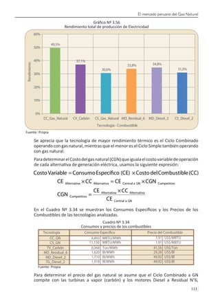 El mercado peruano del Gas Natural
113 
Gráfico Nº 3.56
Rendimiento total de producción de Electricidad
Fuente: Propia
Se aprecia que la tecnología de mayor rendimiento térmico es el Ciclo Combinado
operando con gas natural, mientras que el menor es el Ciclo Simple también operando
con gas natural.
ParadeterminarelCostodelgasnatural(CGN)queigualaelcostovariabledeoperación
de cada alternativa de generación eléctrica, usamos la siguiente expresión:
En el Cuadro Nº 3.34 se muestran los Consumos Específicos y los Precios de los
Combustibles de las tecnologías analizadas.
Cuadro Nº 3.34
Consumos y precios de los combustibles
Fuente: Propia
Para determinar el precio del gas natural se asume que el Ciclo Combinado a GN
compite con las turbinas a vapor (carbón) y los motores Diesel a Residual N°6,
49,5%
37,1%
30,6%
33,8% 34,8%
31,0%
0%
10%
20%
30%
40%
50%
60%
CC_Gas_Natural CV_Carbón CS_Gas_Natural MD_Residual_6 MD_Diesel_2 CS_Diesel_2
Tecnología - Combustible
Rendimiento
Tecnología Precio del Combustible
CC_GN 6,893 MBTU/MWh 1,91 US$/MBTU
CS_GN 11,150 MBTU/MWh 1,91 US$/MBTU
TV_Carbón 0,368 Ton/MWh 41,56 US$/Ton
MD_Residual_6 1,620 Bl/MWh 29,28 US$/Bl
MD_Diesel_2 1,710 Bl/MWh 49,92 US$/Bl
TG_Diesel_2 1,918 Bl/MWh 49,92 US$/Bl
 